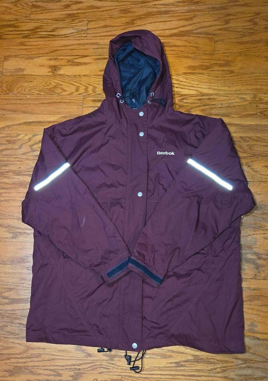 Vintage 90s Reebok Maroon Hooded Windbreaker Jacket with Reflective Stripes